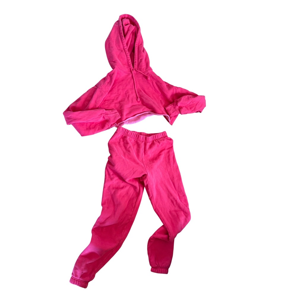 TNA Cozy Fleece corral pink cropped hoodie and jogger lounge wear set